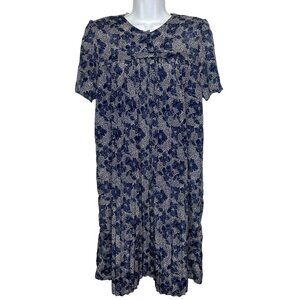 Vintage 80s Sidan Hawaiian Shift Dress Size M Blue White Floral Accordion Pleats